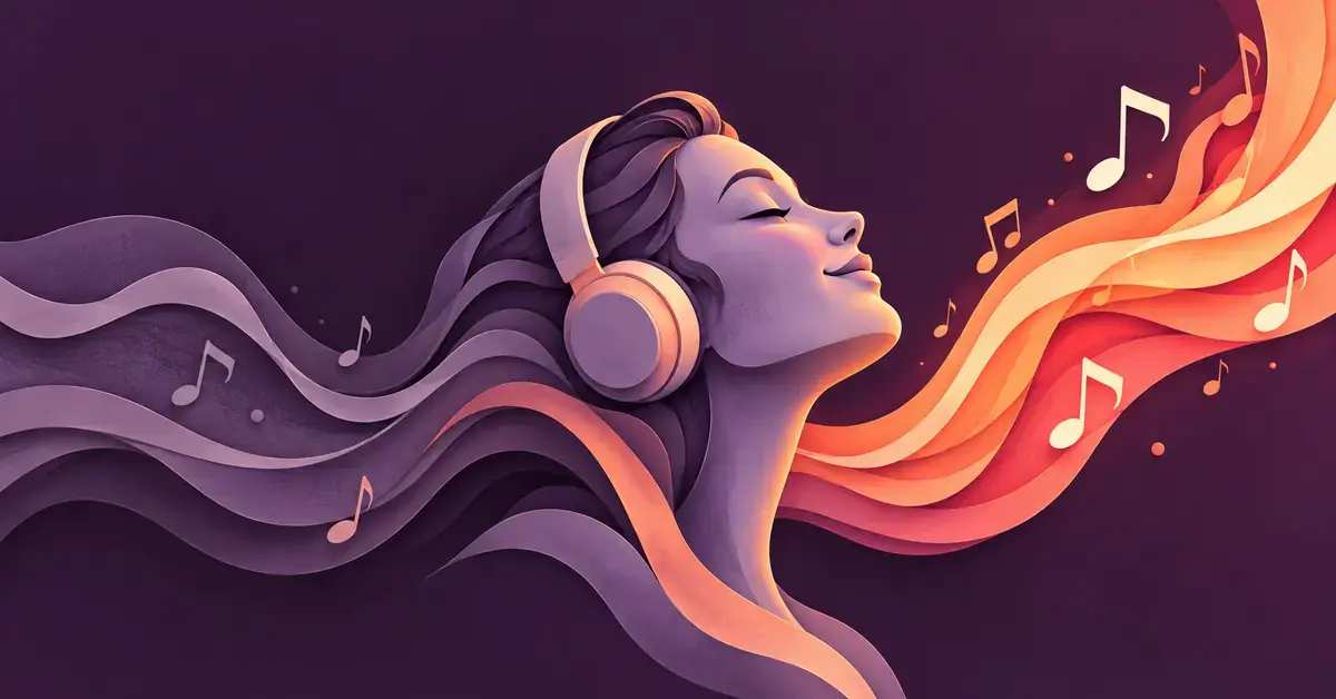 Kuulokkeilla musiikkia kuuntelevan hahmon ympärillä violetit aallot muuttuvat lämpimän oransseiksi, ylöspäin kohoaviksi sävelvirroiksi kuvastaen musiikin mielialaa kohottavaa vaikutusta.