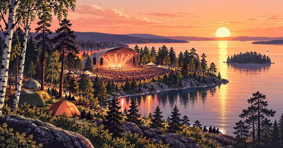 Kuvitus järven rannalla järjestettävästä kesäfestivaalista, jossa valaistu konserttilava, yleisö ja teltat kylpevät yöttömän yön auringonvalossa.