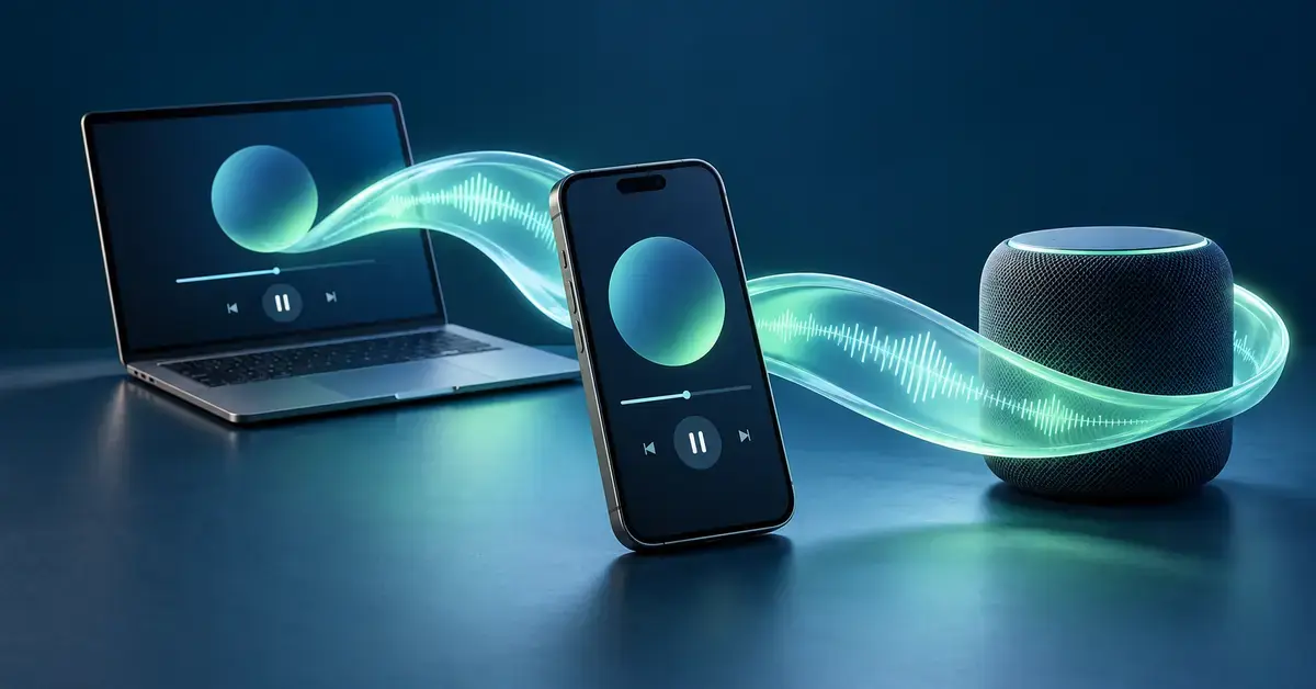 Kannettavan tietokoneen, älypuhelimen ja kaiuttimen yhdistävä hohtava ääniaalto havainnollistaa Spotifyn musiikin suoratoistoa eri laitteilla.